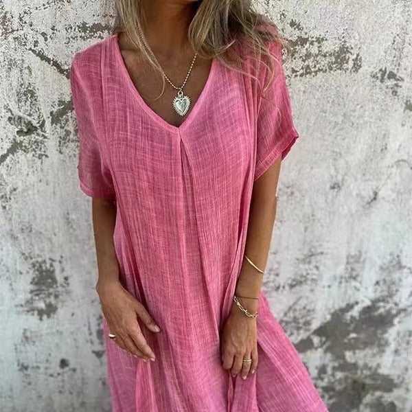 Naia™ – Lagana V-neck Haljina od Pamuka i Lana