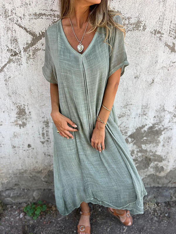Naia™ – Lagana V-neck Haljina od Pamuka i Lana
