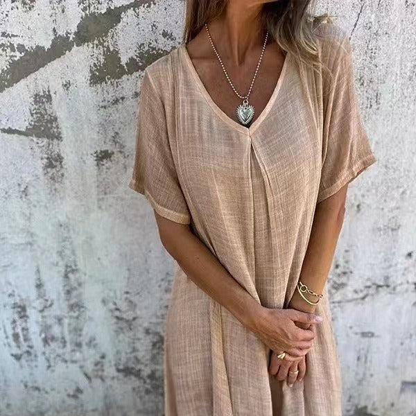 Naia™ – Lagana V-neck Haljina od Pamuka i Lana