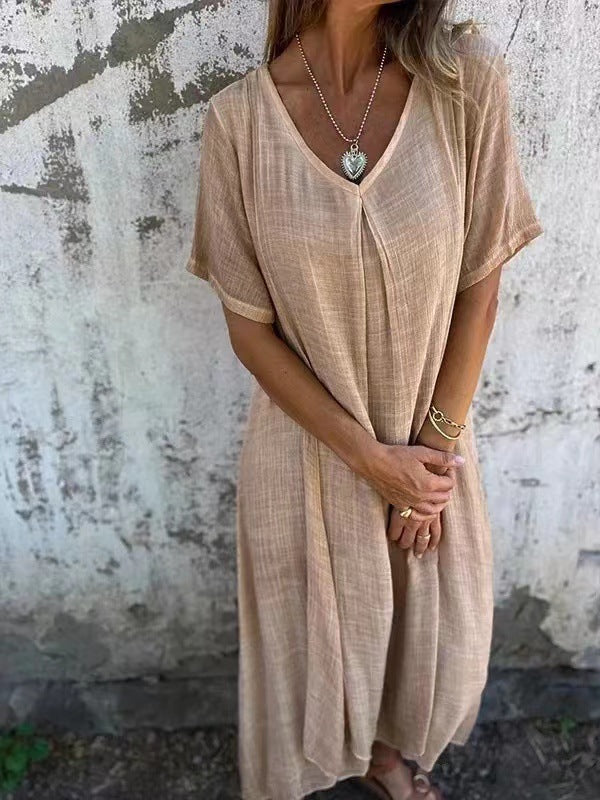 Naia™ – Lagana V-neck Haljina od Pamuka i Lana