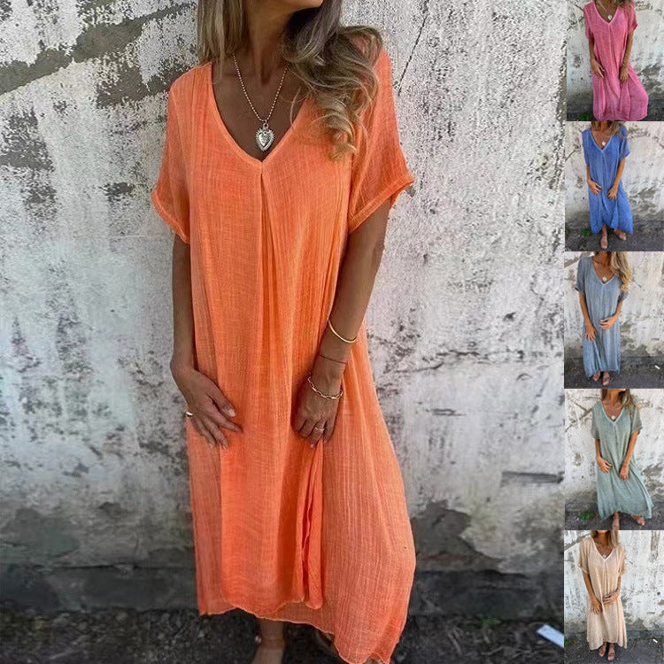 Naia™ – Lagana V-neck Haljina od Pamuka i Lana