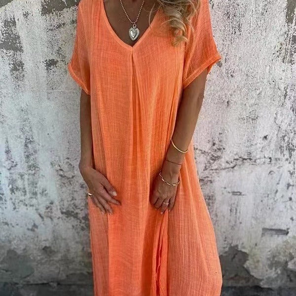 Naia™ – Lagana V-neck Haljina od Pamuka i Lana